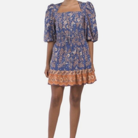 House of Harlow x Revolve Anastassia Blue Boho Floral Puff Sleeve Dress Sz S - Picture 2 of 10